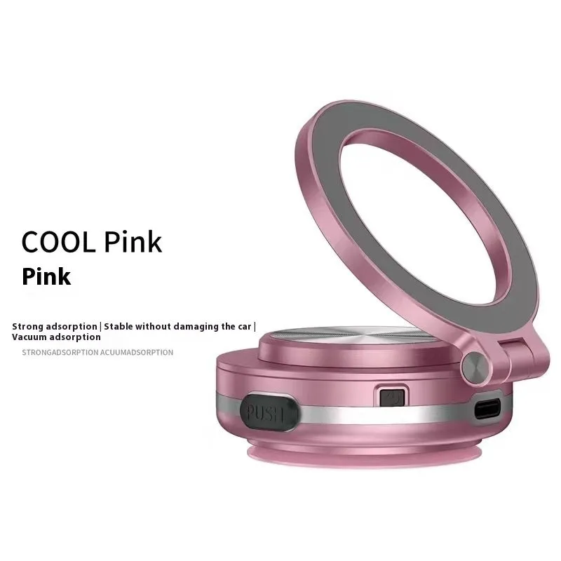 Magnetic car phone holder with vacuum adsorption mount in black, pink, and silver colour options