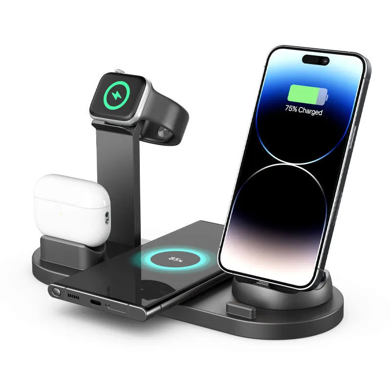 Upgraded three-in-one wireless charger and phone desk holder in black, rose gold, silver, or white.
