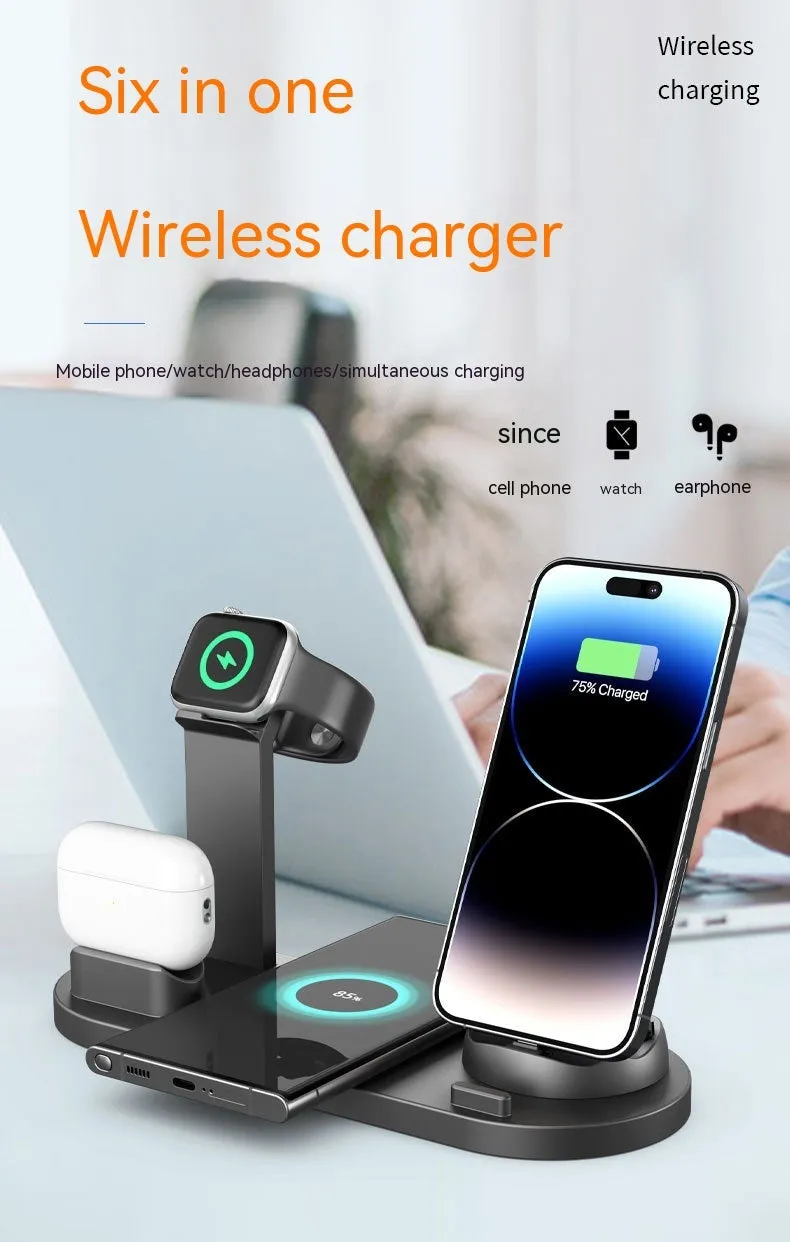 Upgraded three-in-one wireless charger and phone desk holder in black, rose gold, silver, or white.
