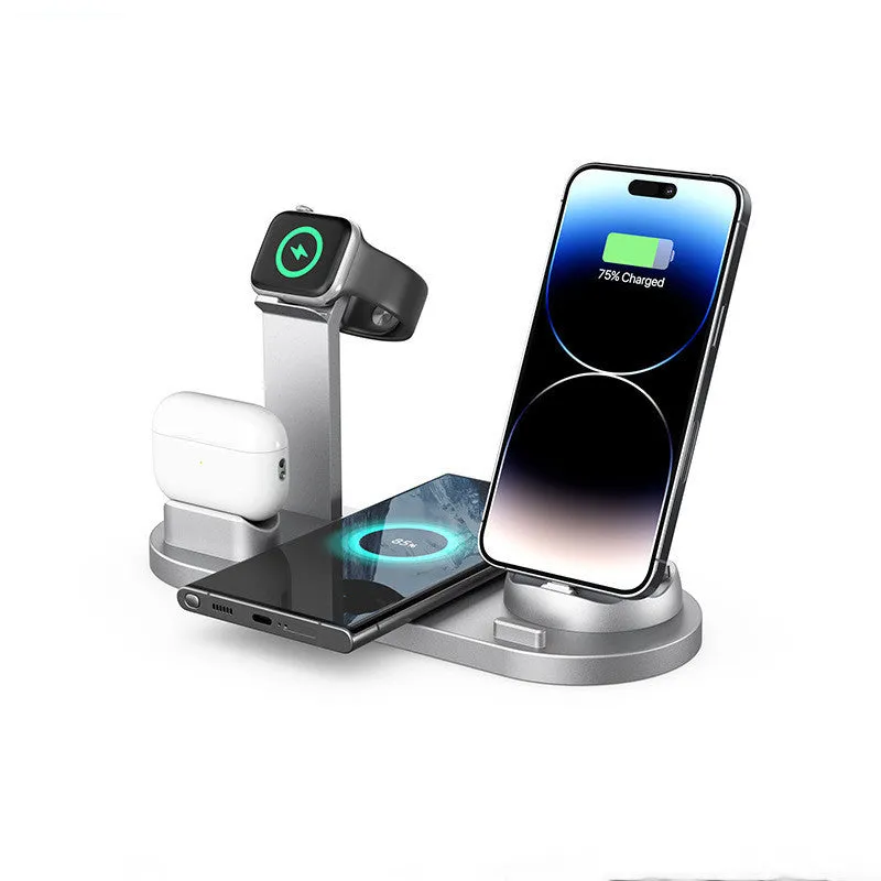 Upgraded three-in-one wireless charger and phone desk holder in black, rose gold, silver, or white.