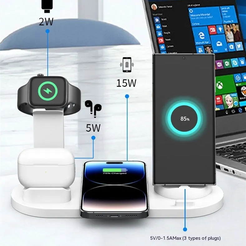 Upgraded three-in-one wireless charger and phone desk holder in black, rose gold, silver, or white.