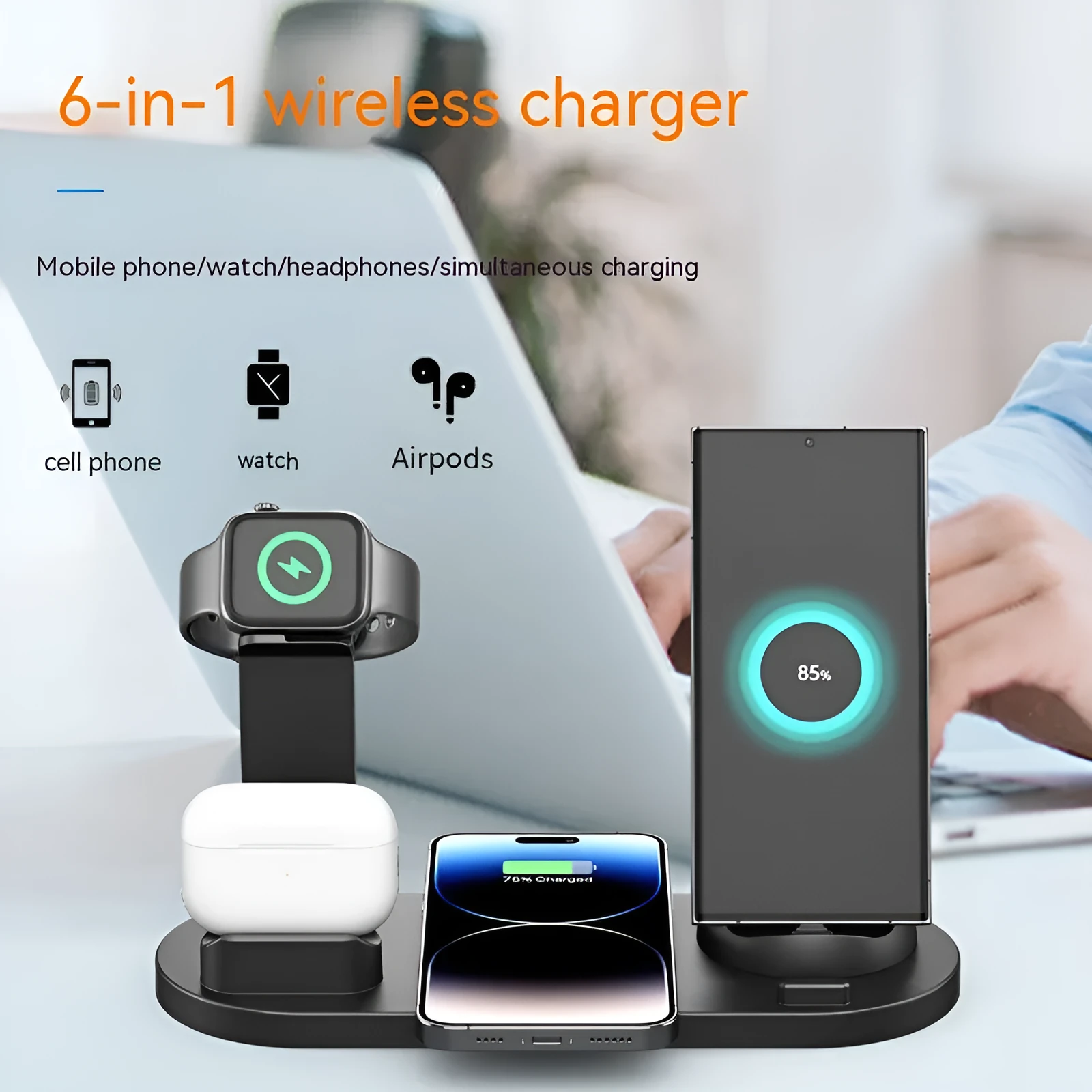 Upgraded three-in-one wireless charger and phone desk holder in black, rose gold, silver, or white.