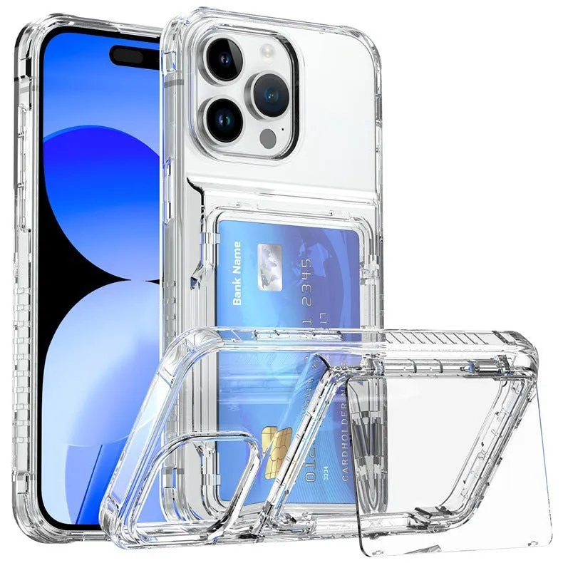 Transparent phone case with built-in card holder slot showing shockproof TPU PC construction