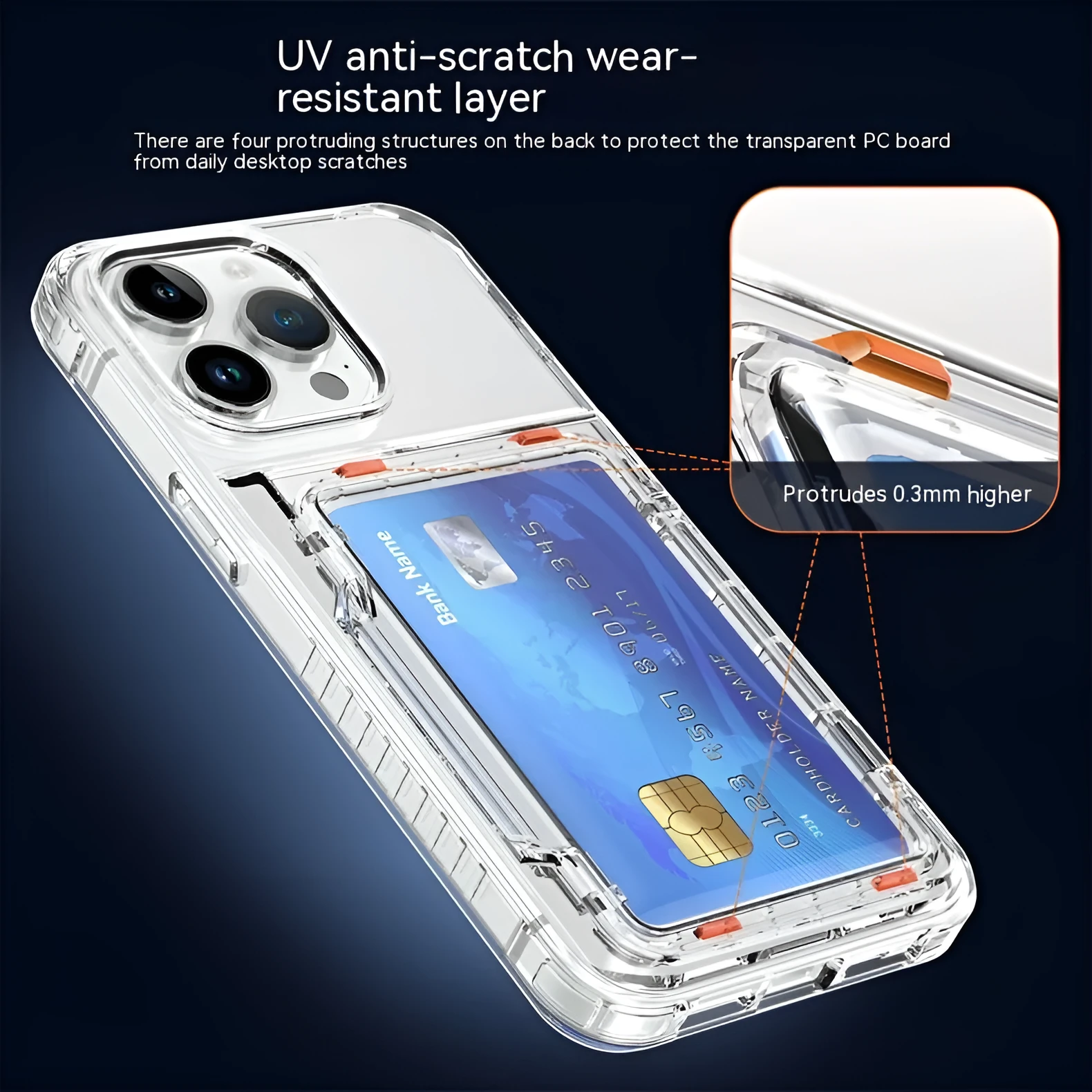 Transparent phone case with built-in card holder slot showing shockproof TPU PC construction