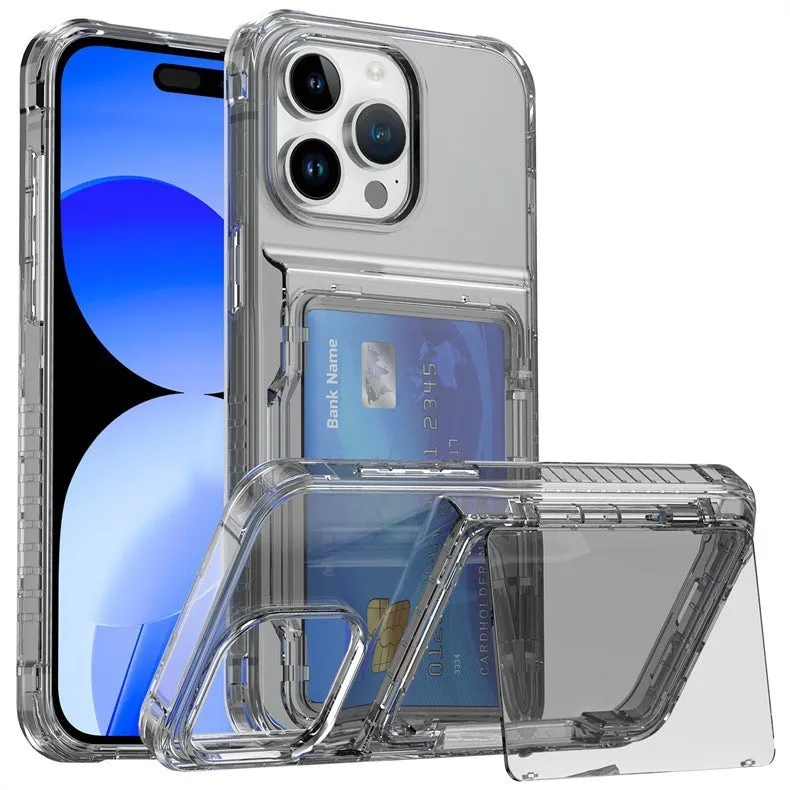 Transparent phone case with built-in card holder slot showing shockproof TPU PC construction
