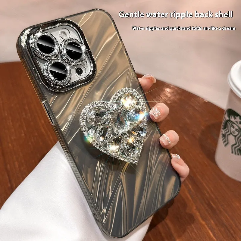 Silicone phone case with rhinestone love bracket and lens protector for iPhone in silver