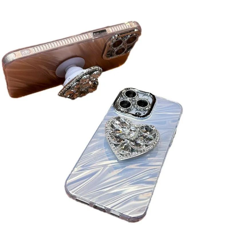 Silicone phone case with rhinestone love bracket and lens protector for iPhone in silver