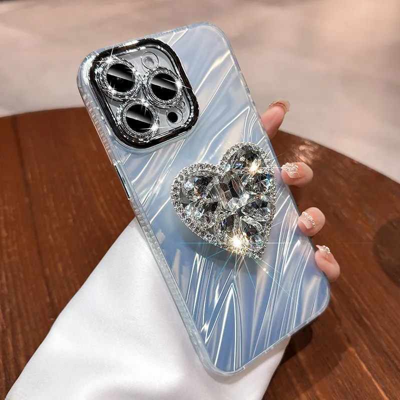 Silicone phone case with rhinestone love bracket and lens protector for iPhone in silver