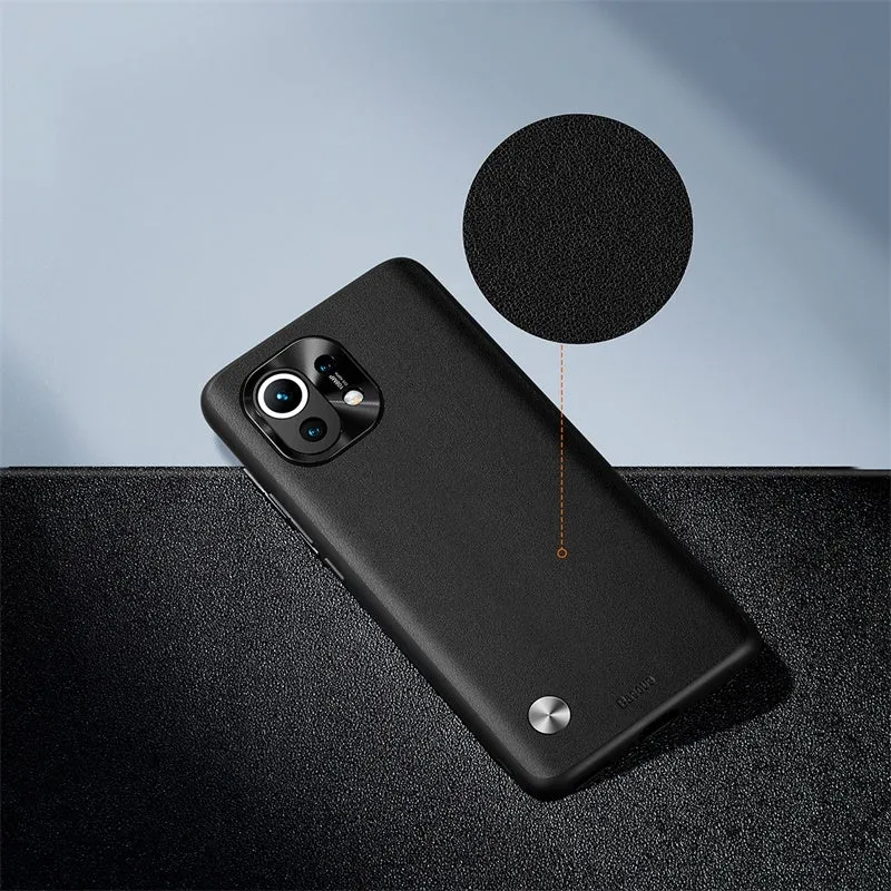 Alloy plain leather phone case for Xiaomi 11 in black and smoky purple colour options