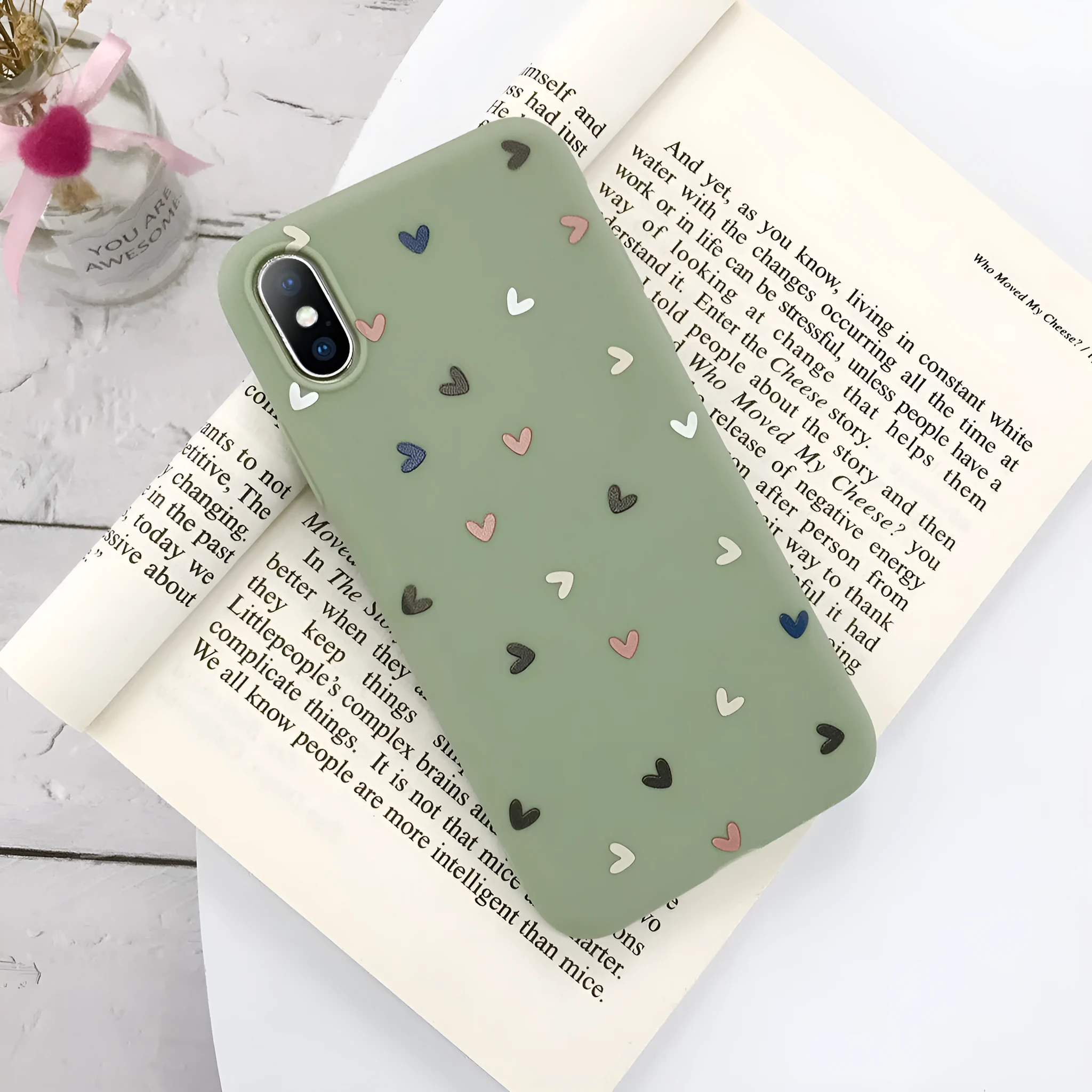 Transparent iPhone case with small flower and wave dot pattern in multiple colour options