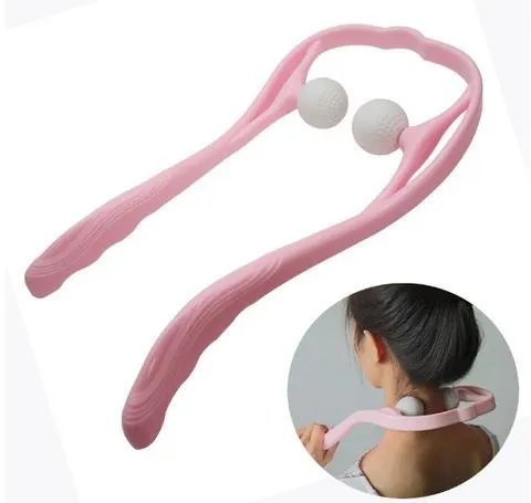 Swan-shaped hand roller neck massager with removable heads in blue, green, and pink colours
