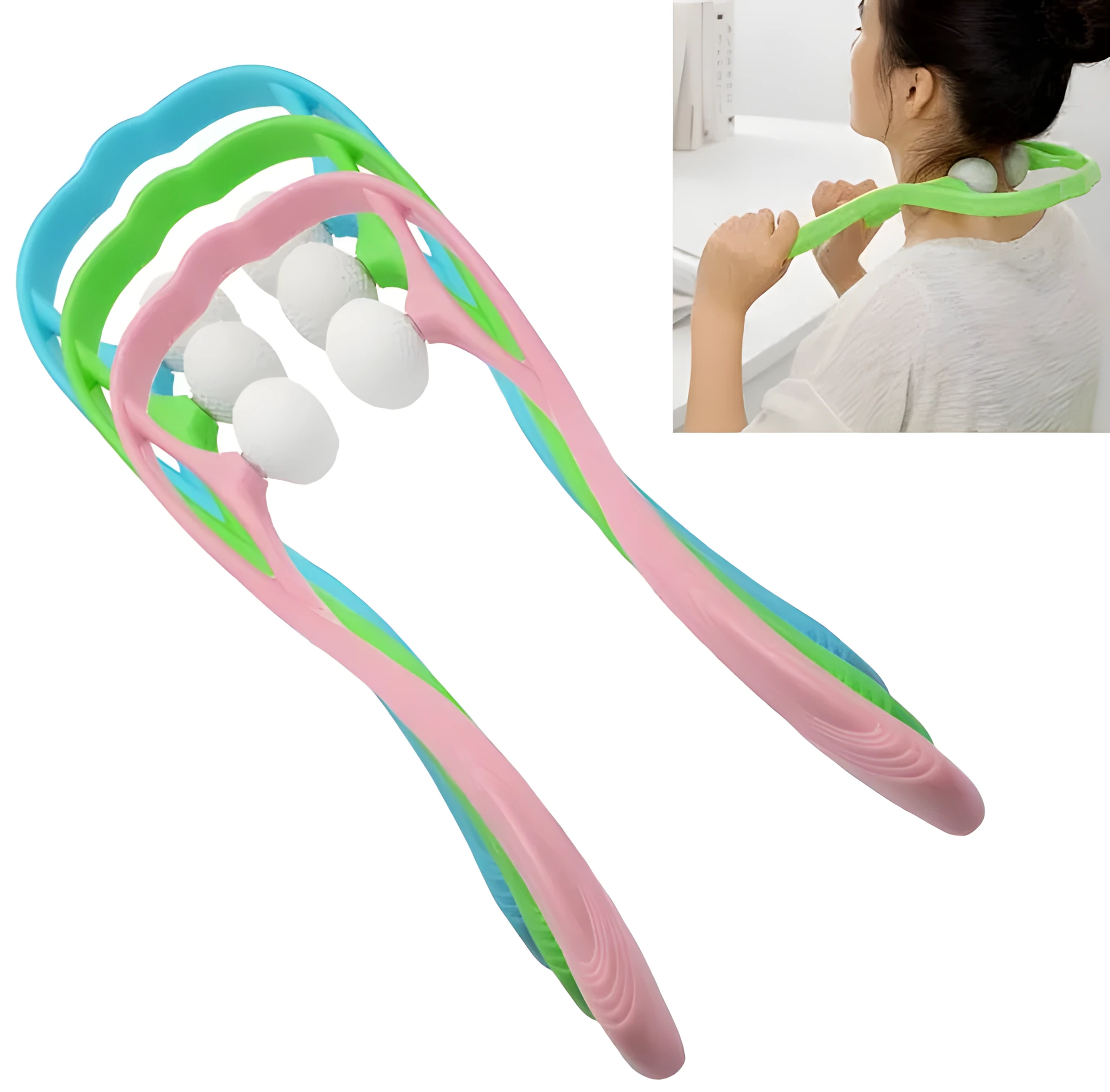 Swan-shaped hand roller neck massager with removable heads in blue, green, and pink colours