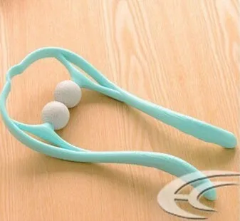 Swan-shaped hand roller neck massager with removable heads in blue, green, and pink colours