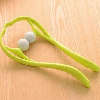 Swan-shaped hand roller neck massager with removable heads in blue, green, and pink colours