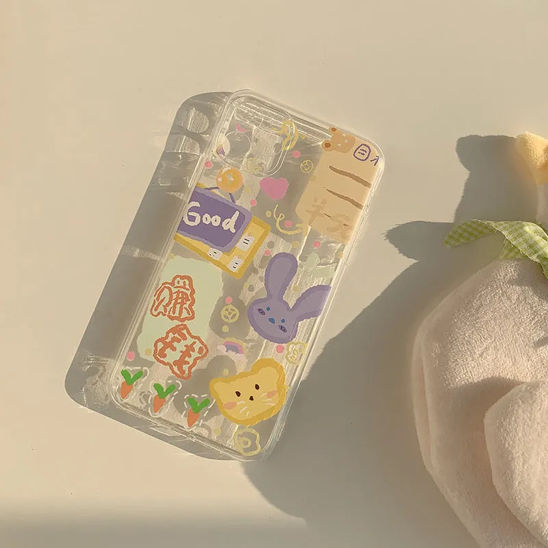 Transparent iPhone case with colourful graffiti-style floral rabbit pattern design