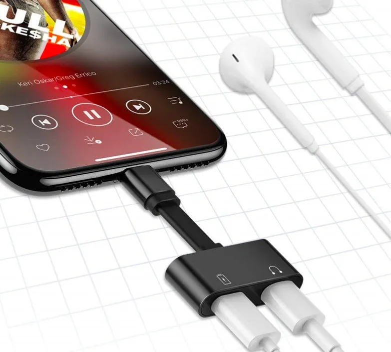 2 in 1 Lightning adapter for iPhone, black, aluminium alloy shell, compact 20mm size