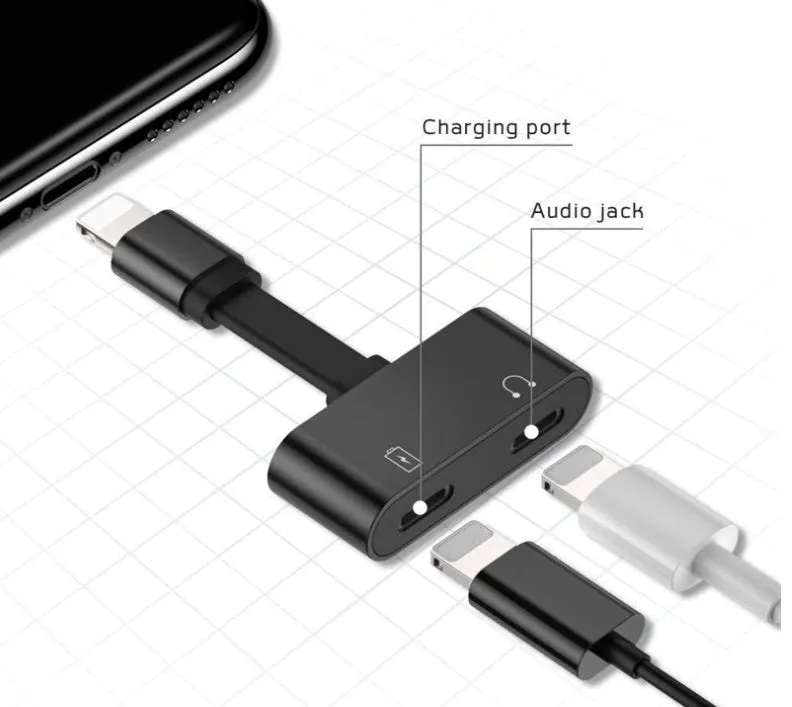 2 in 1 Lightning adapter for iPhone, black, aluminium alloy shell, compact 20mm size
