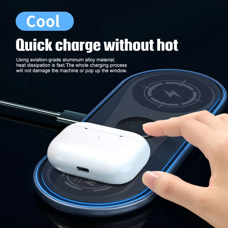 Flat white 3-in-1 wireless charger with ambient light charging a smartphone