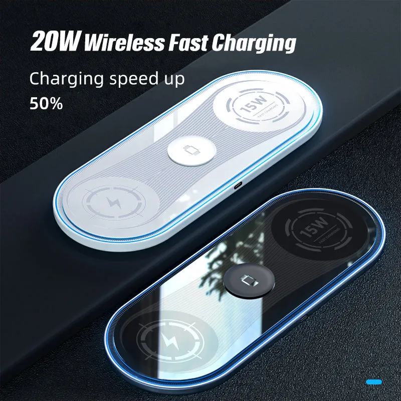 Flat white 3-in-1 wireless charger with ambient light charging a smartphone