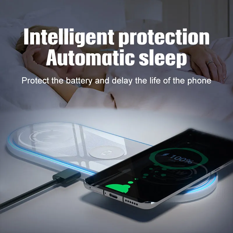 Flat white 3-in-1 wireless charger with ambient light charging a smartphone