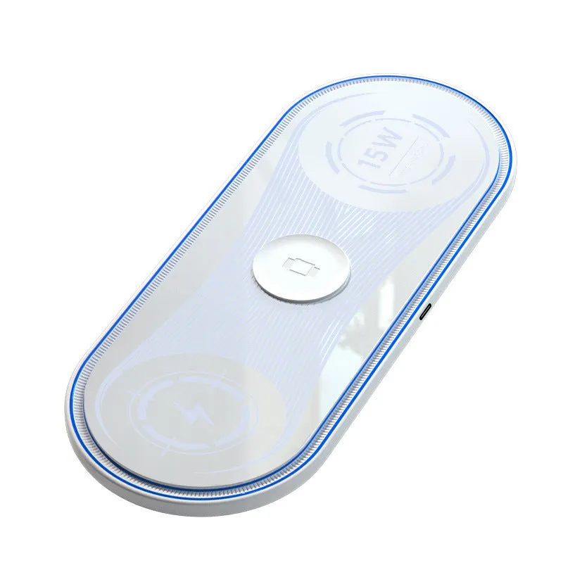 Flat white 3-in-1 wireless charger with ambient light charging a smartphone
