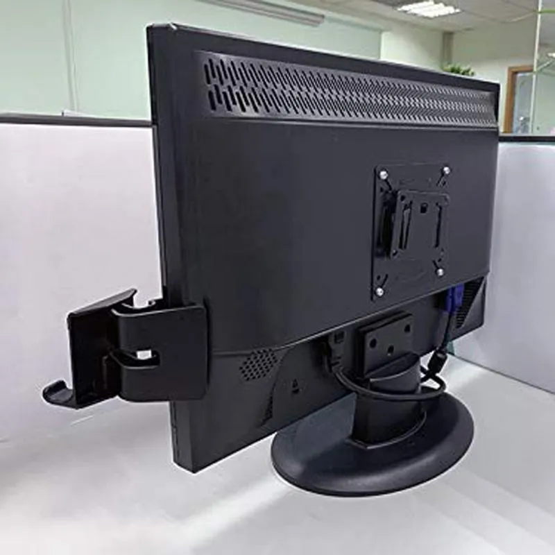 Black ABS computer mobile phone bracket attached to side of monitor with phone inserted