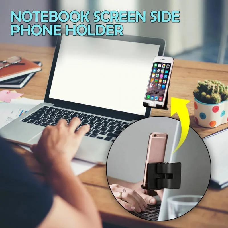 Black ABS computer mobile phone bracket attached to side of monitor with phone inserted