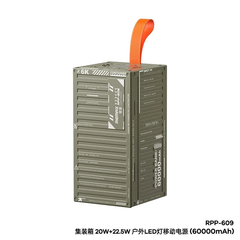 Grey outdoor LED light mobile power bank with large capacity and industrial style shell