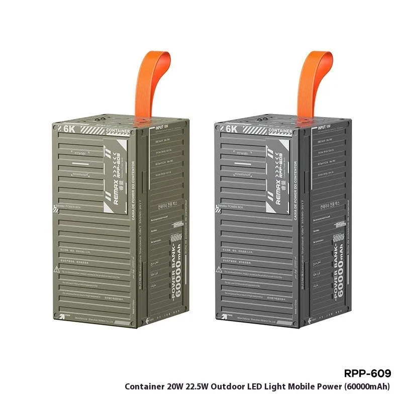 Grey outdoor LED light mobile power bank with large capacity and industrial style shell