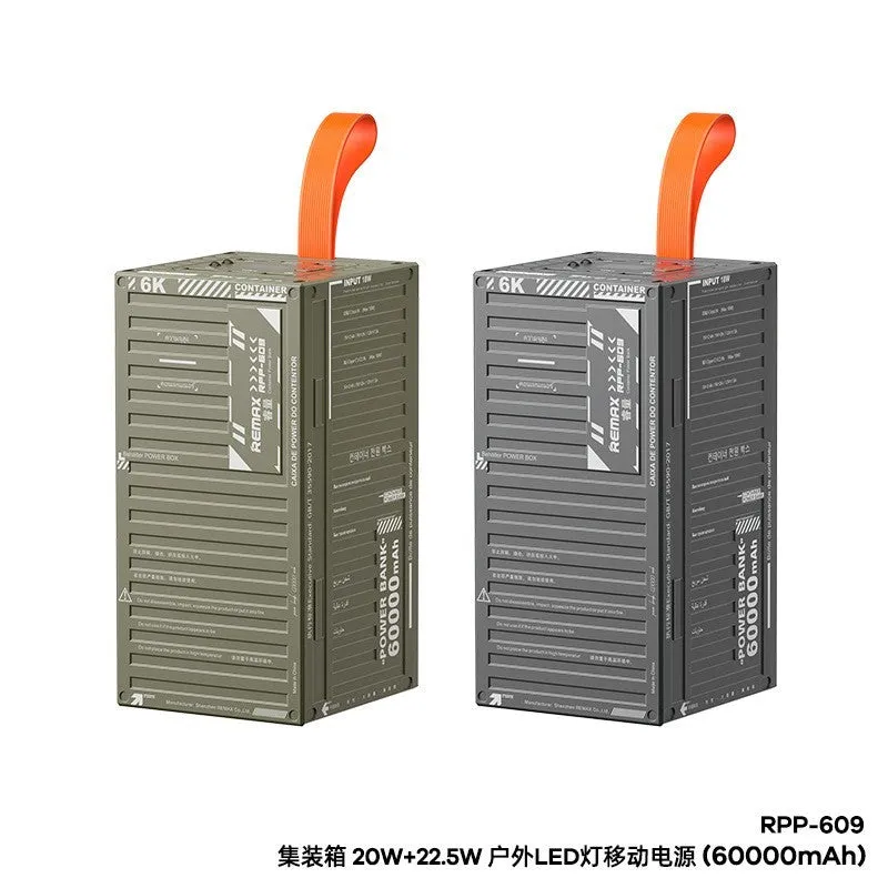 Grey outdoor LED light mobile power bank with large capacity and industrial style shell