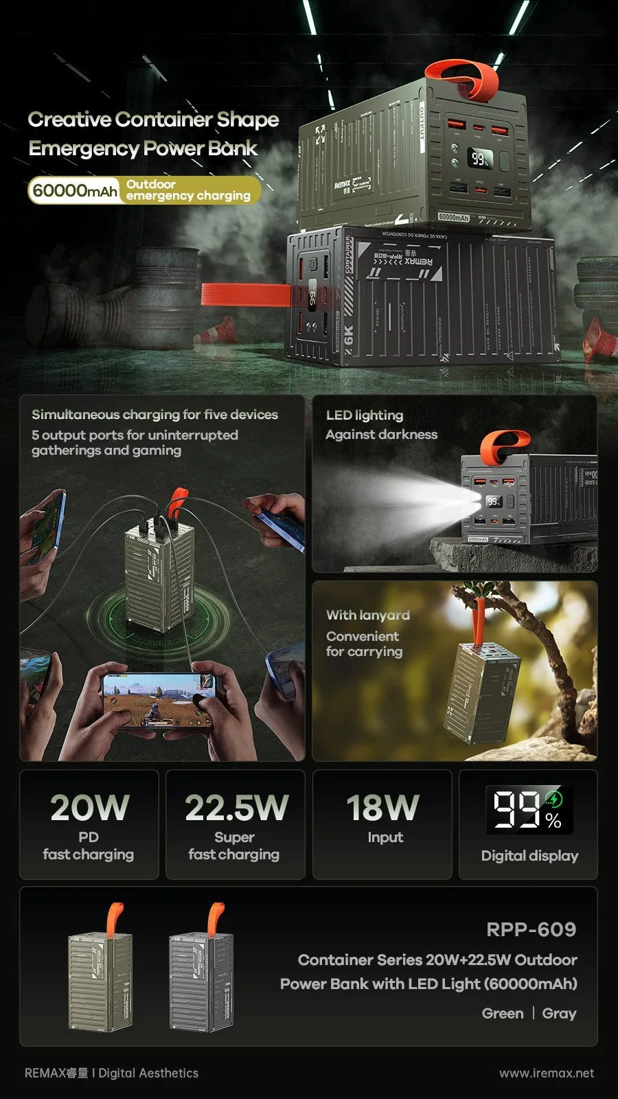 Grey outdoor LED light mobile power bank with large capacity and industrial style shell