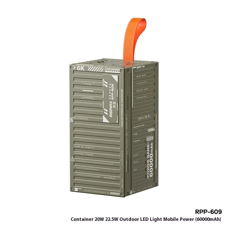Grey outdoor LED light mobile power bank with large capacity and industrial style shell