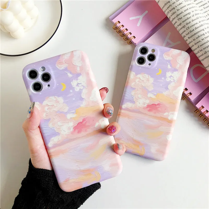 Purple starry sky cloud oil painting design on soft TPU iPhone case with Korean graffiti style