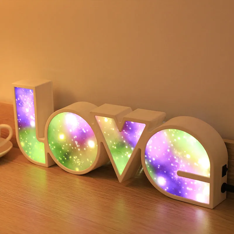 Colourful LED LOVE word light with rainbow halo lampshade for romantic decoration.