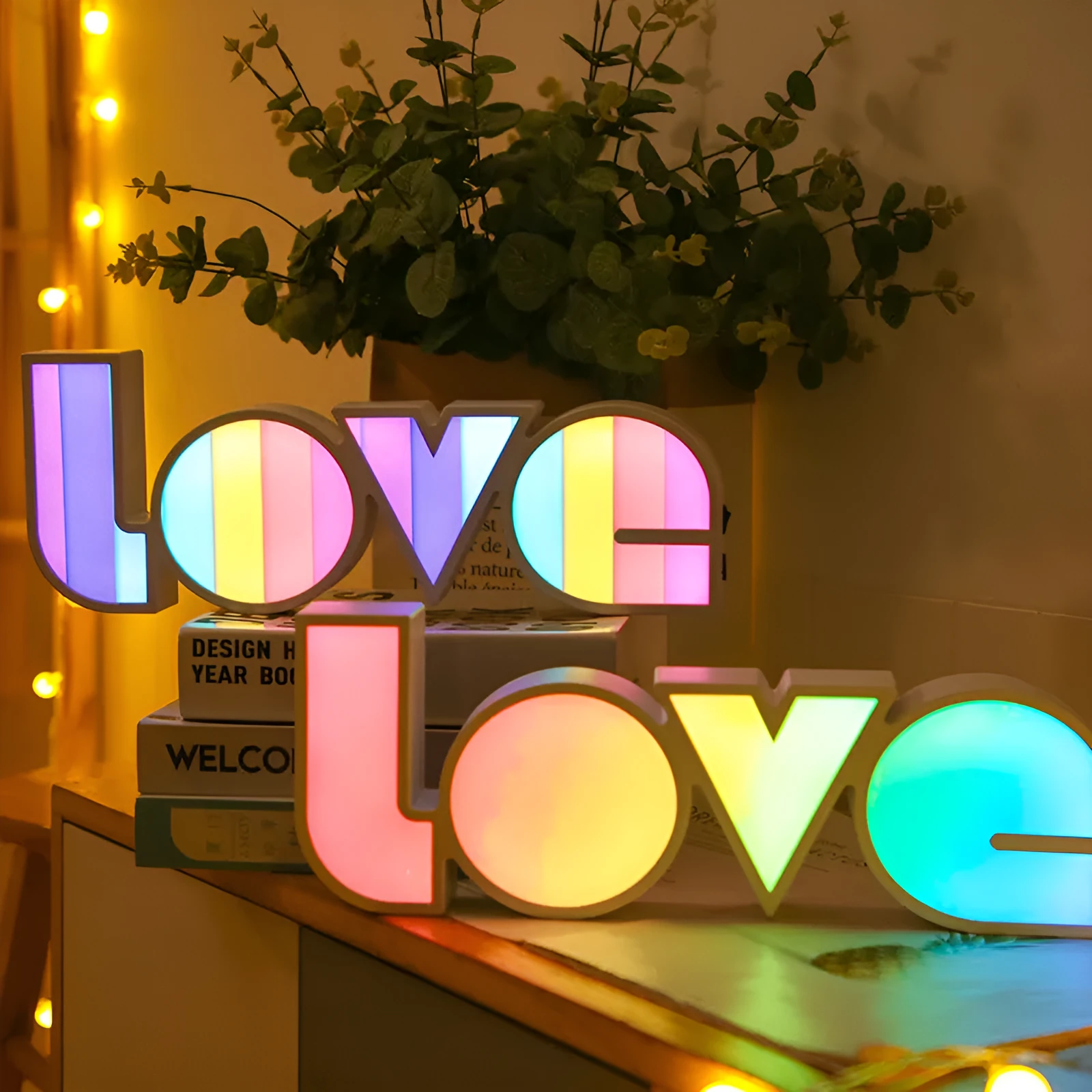 Colourful LED LOVE word light with rainbow halo lampshade for romantic decoration.