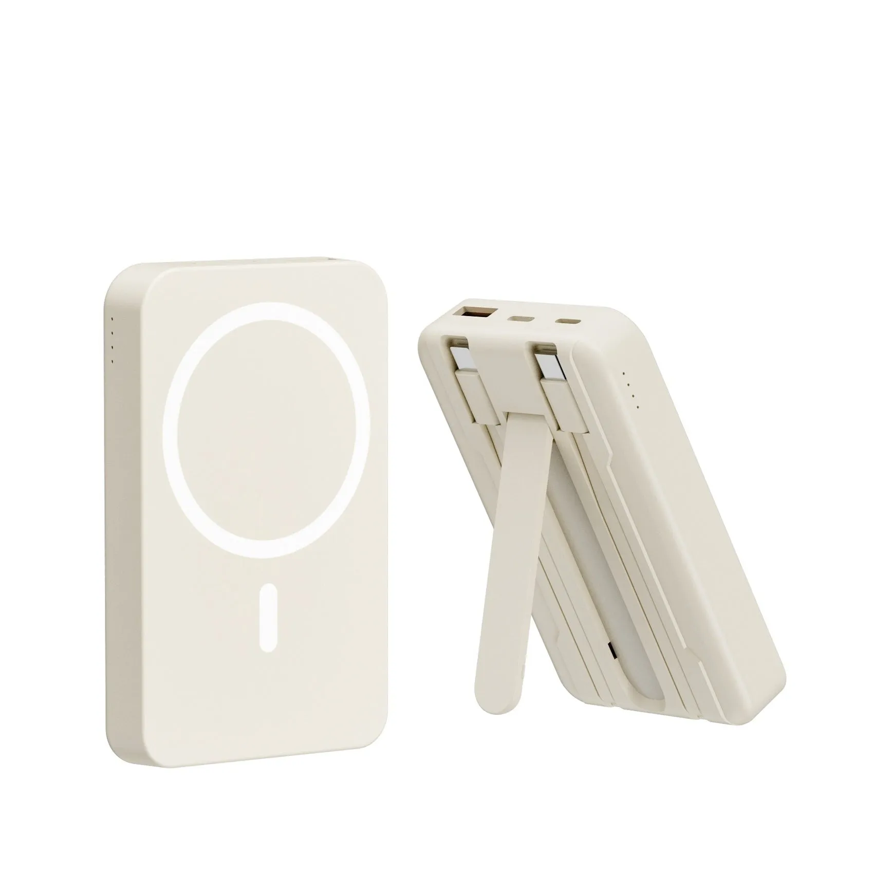 White 10000mAh portable power bank with wireless charging pad and cable, 110 x 68.6 x 21.6mm PVC shell
