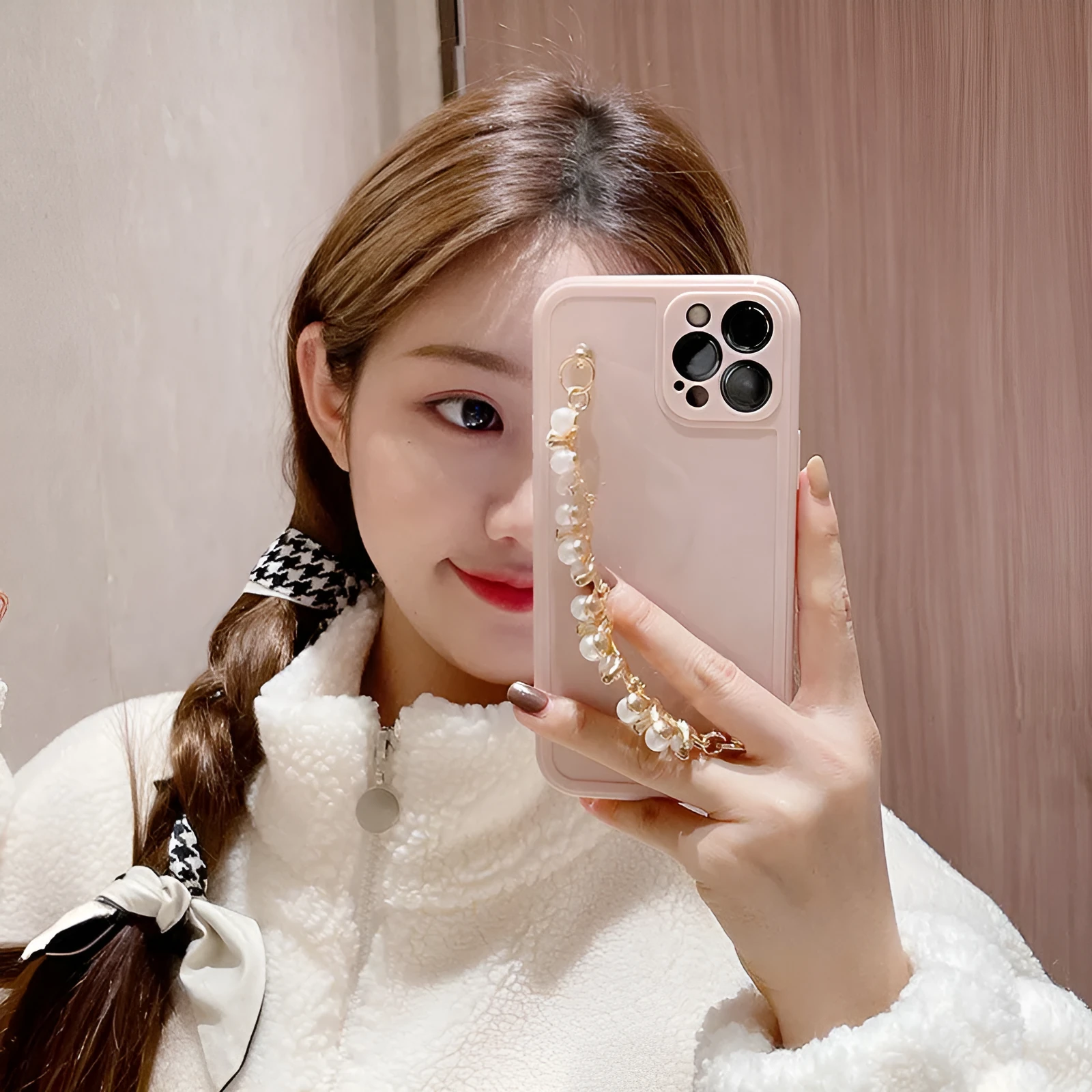 Rhinestone pearl bracelet silicone phone case for iPhone, pink and white colours, decorative design