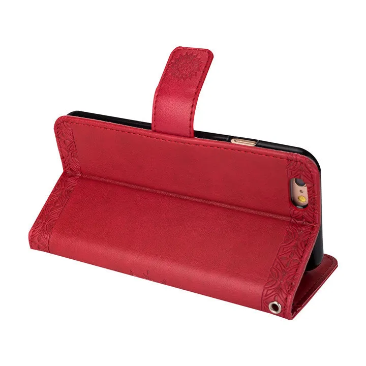 Red flip type anti-drop mobile phone case for Apple iPhone 6 Plus 6S Plus with imitation leather relief texture