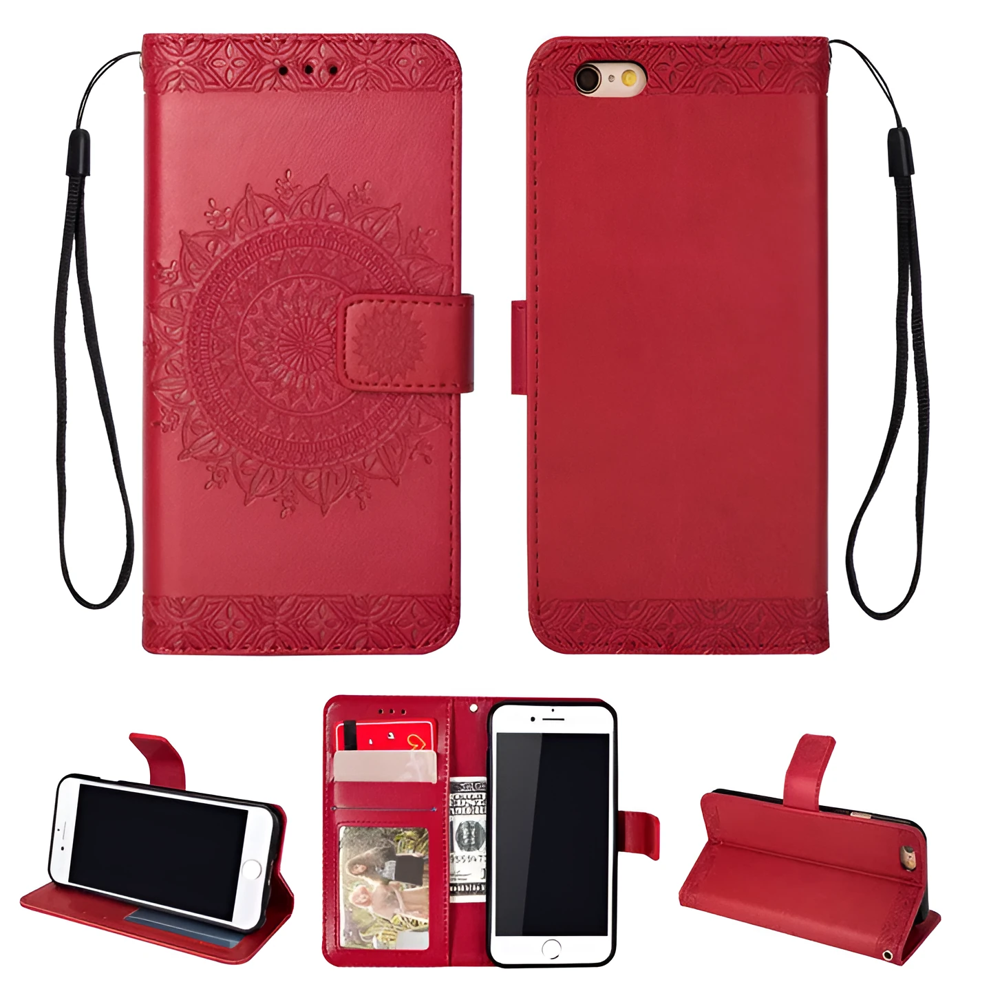 Red flip type anti-drop mobile phone case for Apple iPhone 6 Plus 6S Plus with imitation leather relief texture