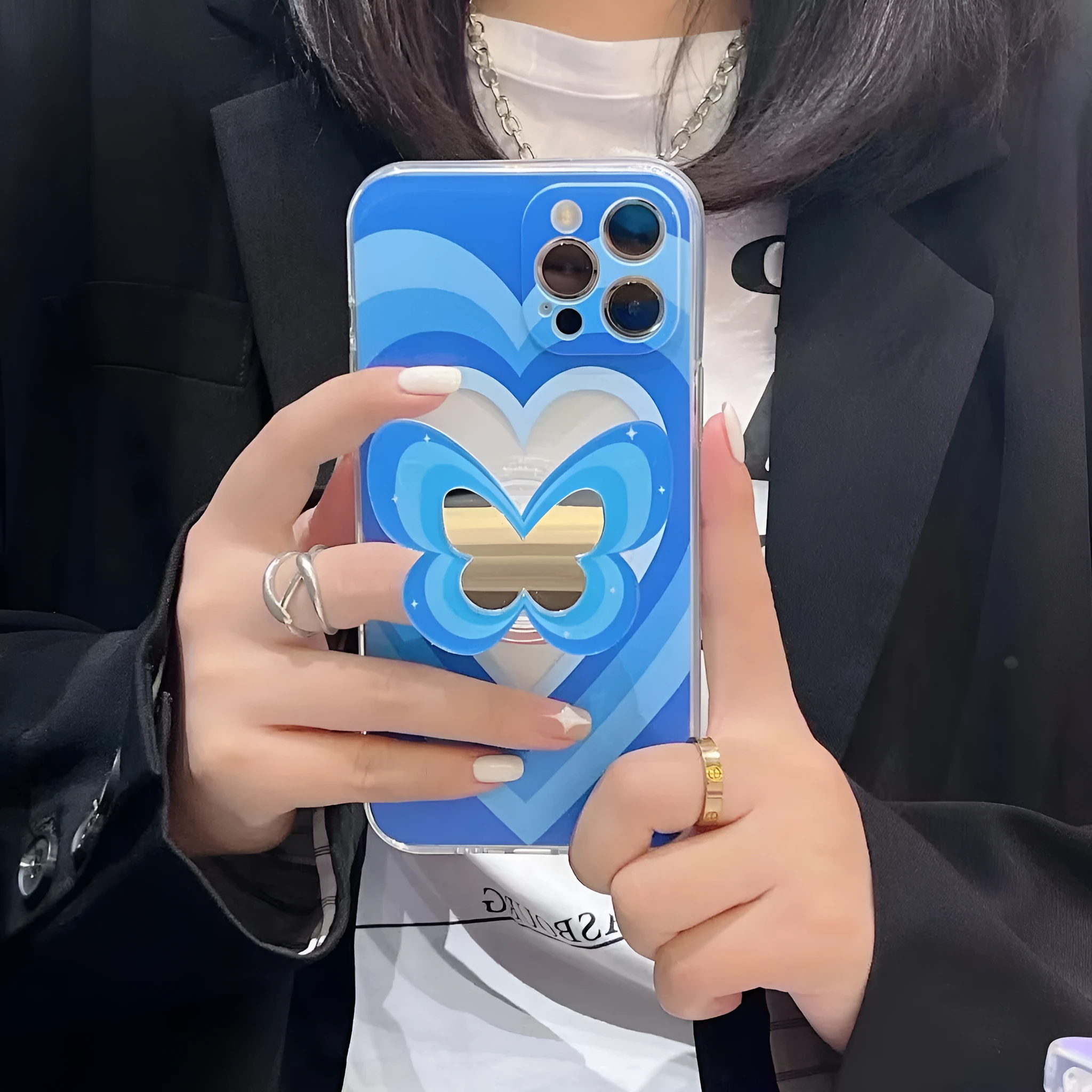 Blue TPU silicone phone case with butterfly stand for iPhone