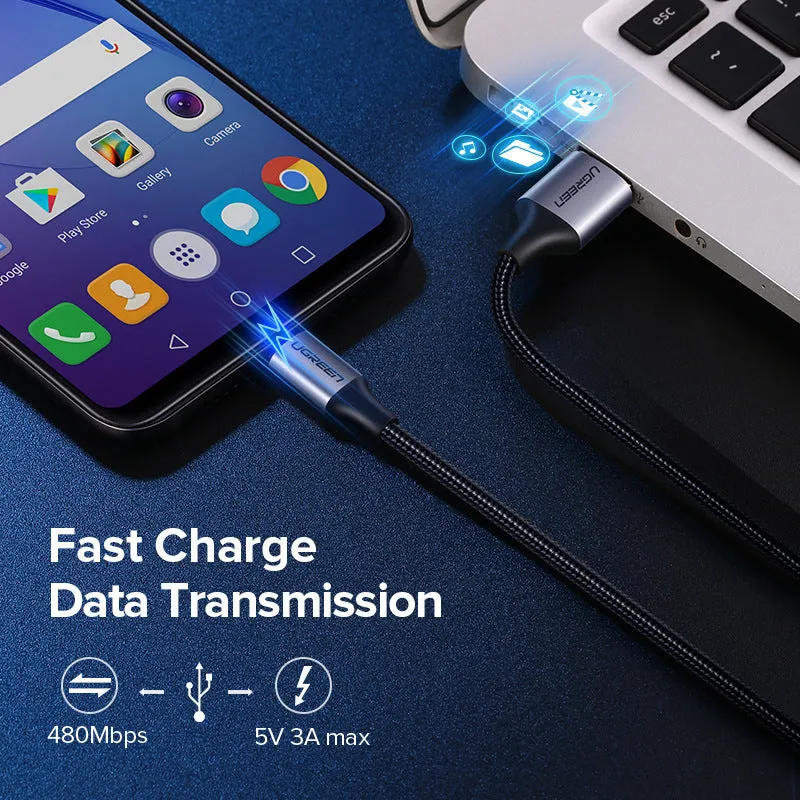 Grey Micro USB data cable with 2.4A fast charging, shown against a plain background