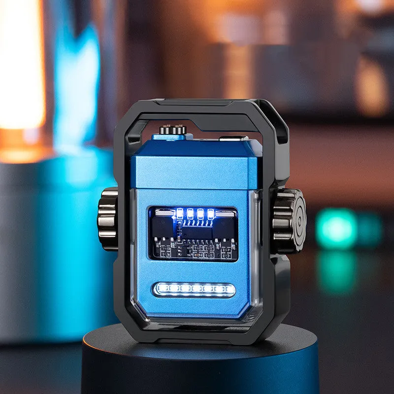 Pulse Lighter showing windproof double arc, USB-C port, and mechanical gyroscope in folded and open positions.