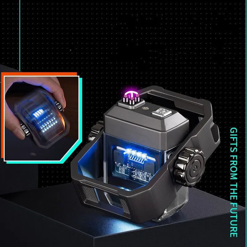 Pulse Lighter showing windproof double arc, USB-C port, and mechanical gyroscope in folded and open positions.