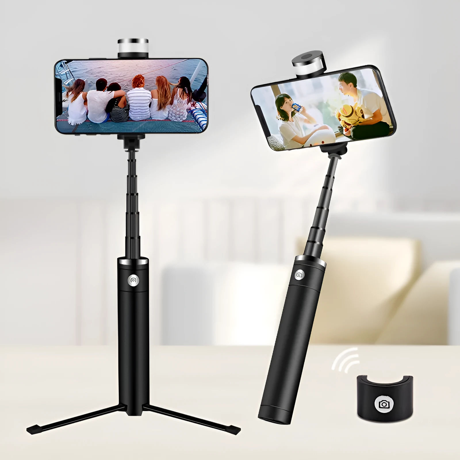 Black 7-in-1 desktop lamp selfie stick with LED lights, Bluetooth remote, and built-in tripod on a table