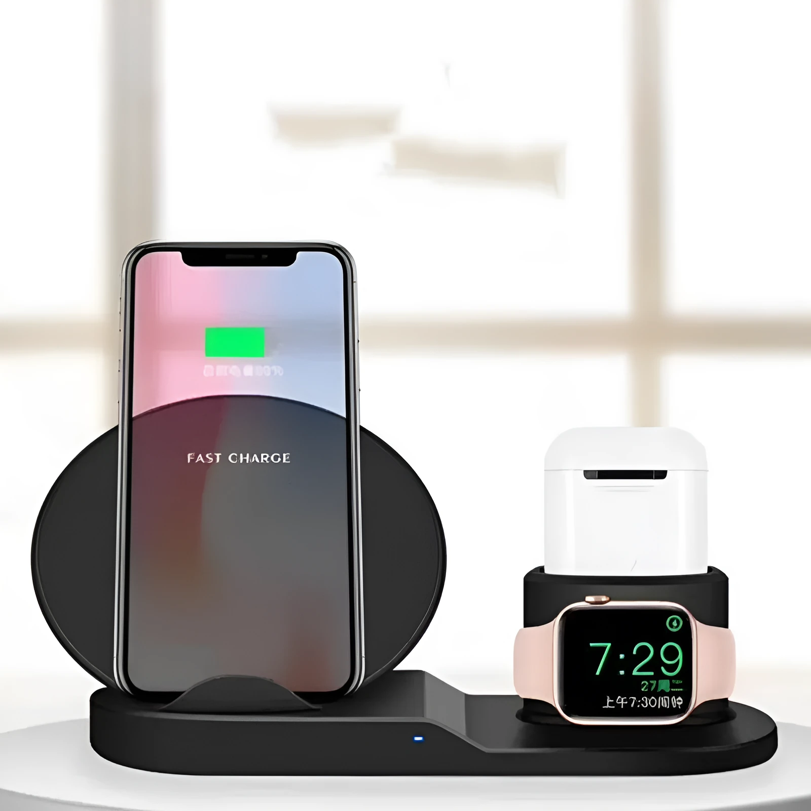 Black three-in-one wireless charger station with phone pad and watch output on a desk, 10W fast charging