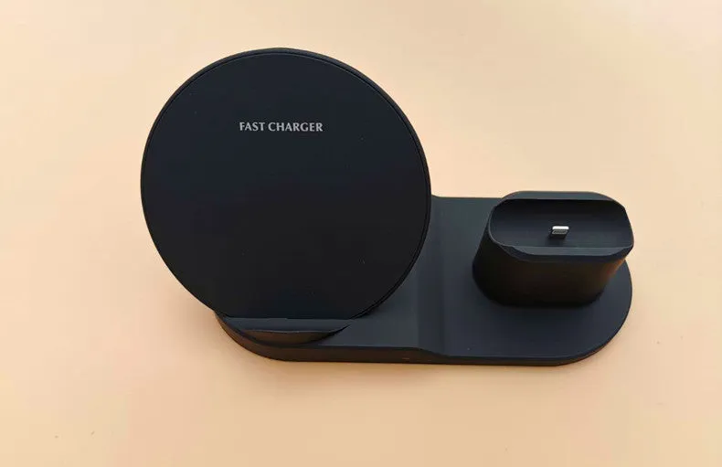 Black three-in-one wireless charger station with phone pad and watch output on a desk, 10W fast charging