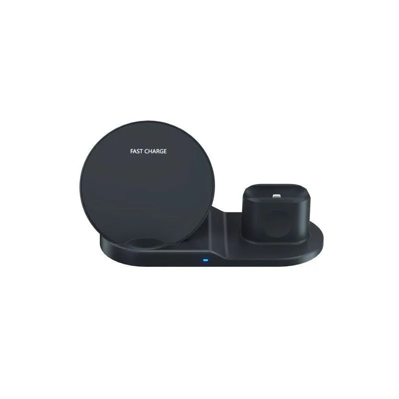 Black three-in-one wireless charger station with phone pad and watch output on a desk, 10W fast charging