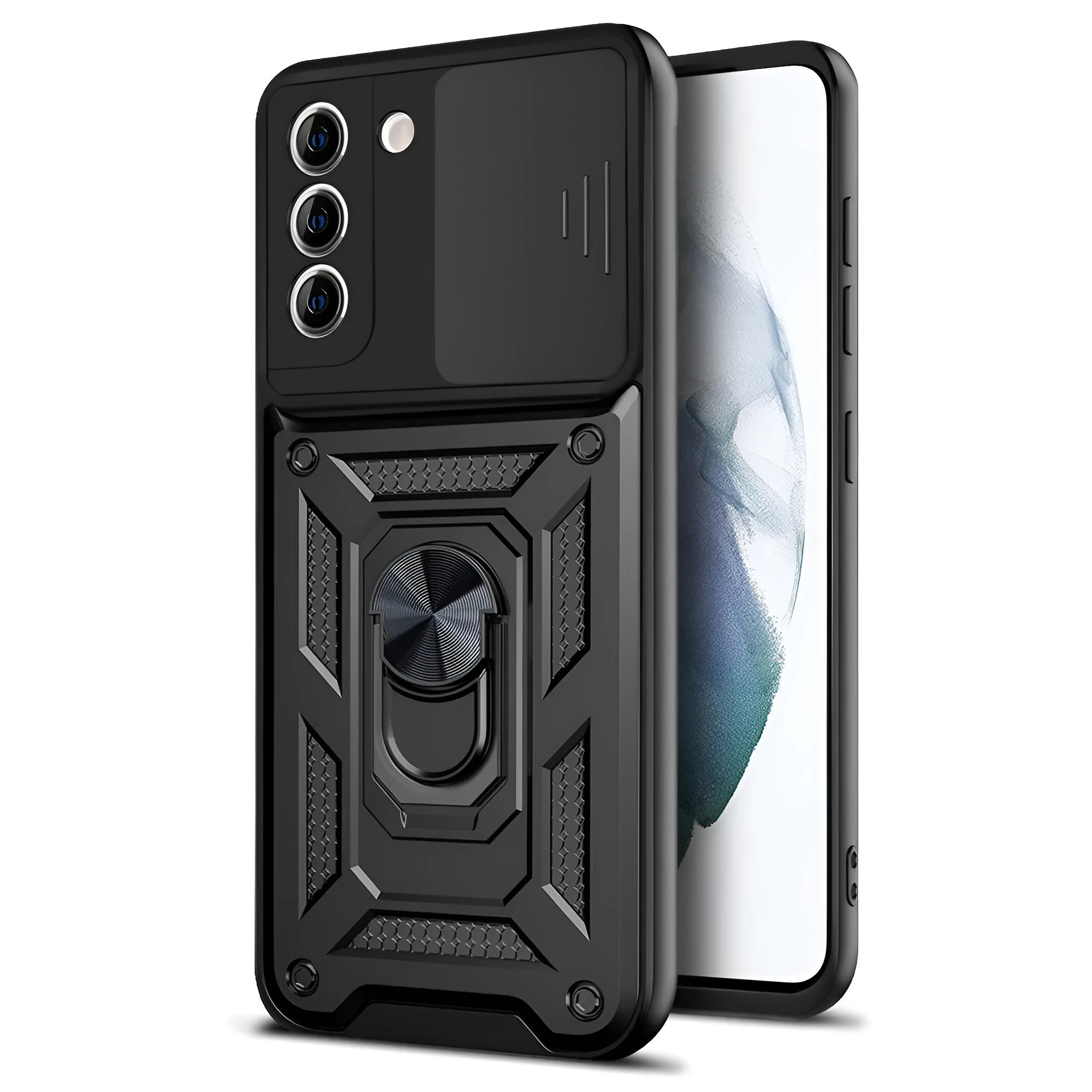 Sergeant Push Window Bracket Ring Phone Case for Samsung in Black, TPU+PC back cover with geometric design