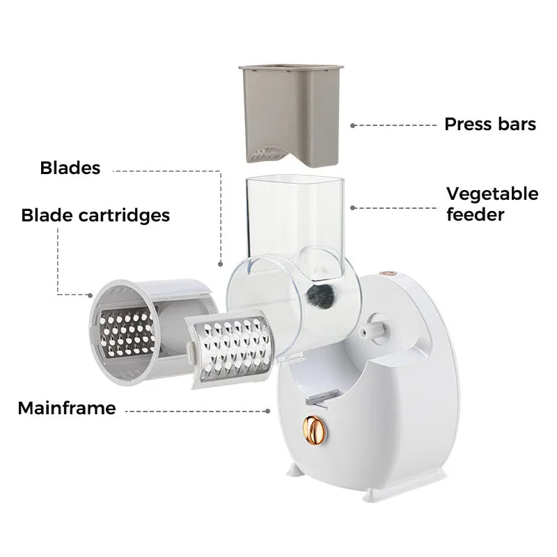 White electric vegetable slicer with rotary grater and suction base on a kitchen counter.