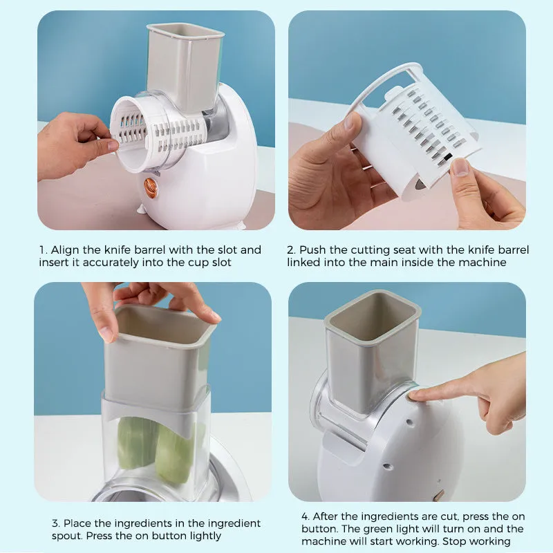 White electric vegetable slicer with rotary grater and suction base on a kitchen counter.
